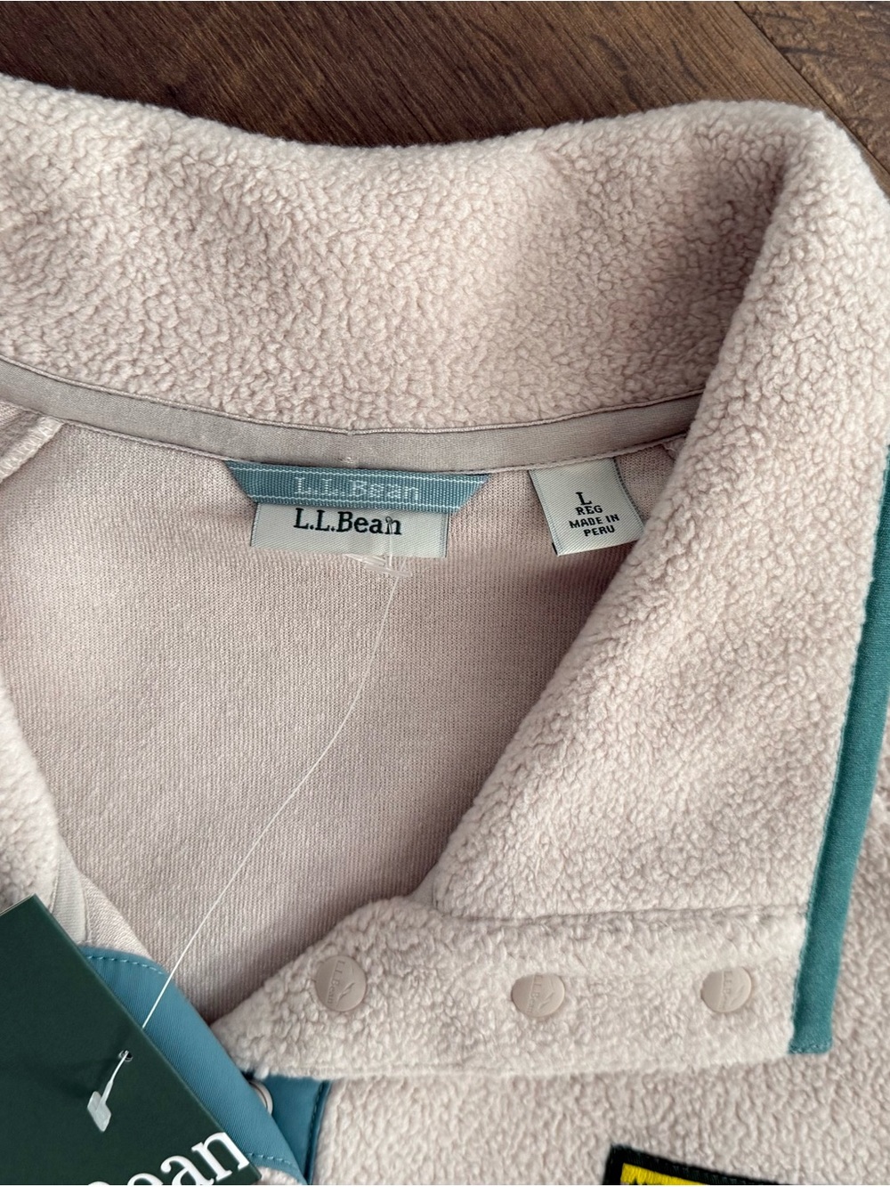 L.L.Bean Cream Sherpa Snap Pullover with Teal Trim - Picture 3 of 5